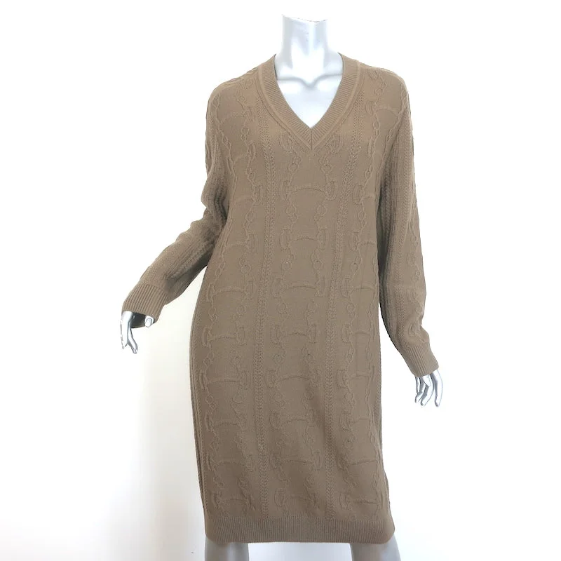 Hermes Horsebit Knit V-Neck Sweater Dress Taupe Wool-Cashmere Size 38 Mesh Sweater Canvas Denim