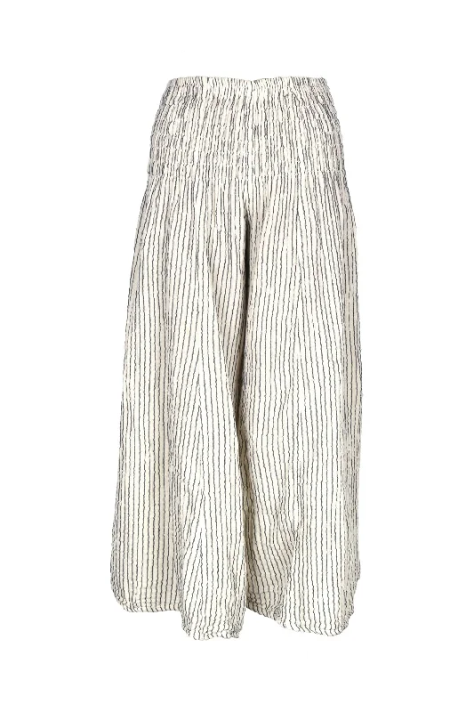 Thai Cotton Shirred Elastic Waist Striped Pant Black/White Classic Flared Pants