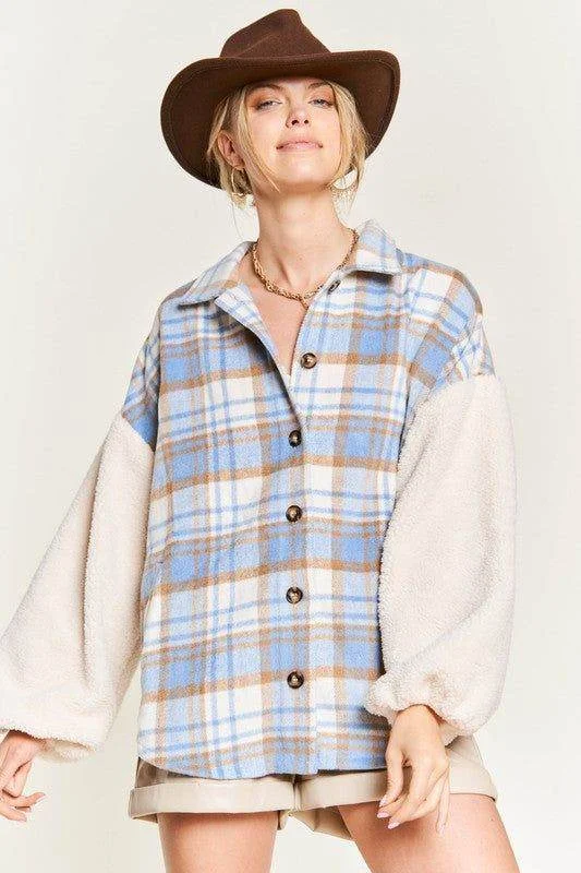 Multi plaid fuzzy sleeve jacket PLUS Nylon Fabric Polyester Fabric Spandex Fabric