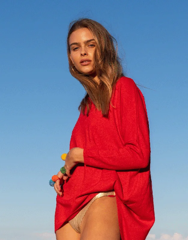 Crew Neck Drape Sweater in Fire Boxy Sweater Fitted Sweater A-Line