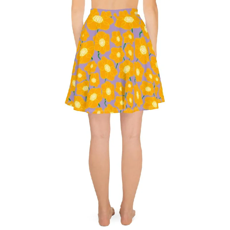 Hippy Orangeflower Pattern on Purple - AOP Skater Skirt corduroy skirt comfortable