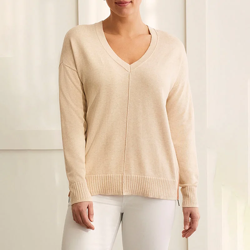 Heather Nomad Long Sleeve V Neck Sweater with Zipper Faux Fur Fabric Real Fur Fabric Shearling Fabric