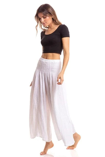 Nusantara Shirred Elastic Waist Pant - White Fashionable Track Pants