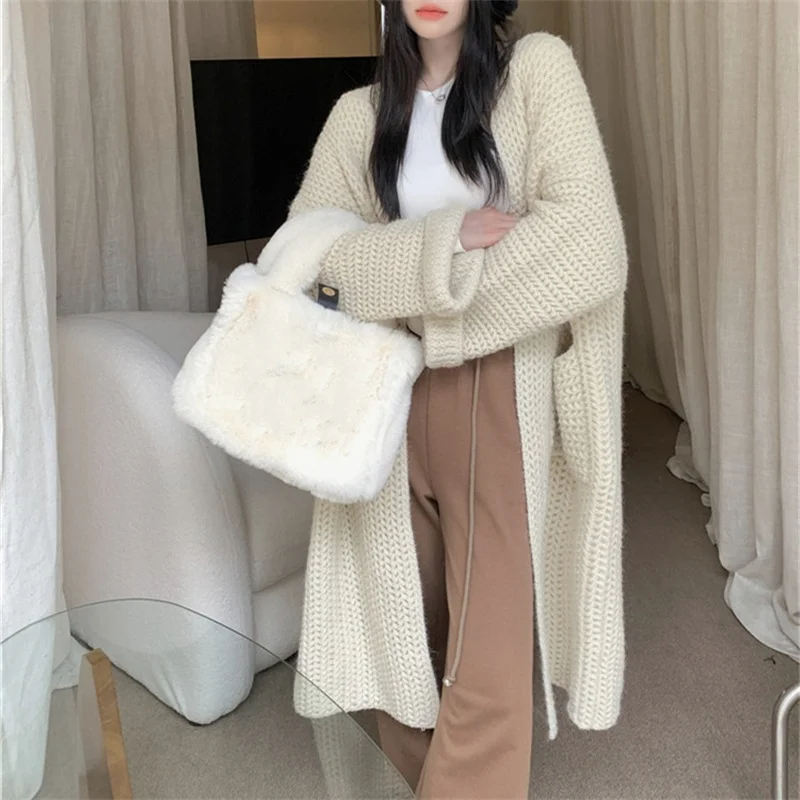Winter Women Fashion Loose Long Sleeve Knitted Sweater Coat Herringbone Houndstooth Plaid