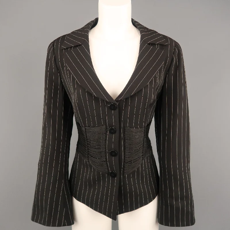 ARMANI COLLEZIONI Size 12 Black Pinstripe Fringe Corset Blazer Jacket Nylon Fabric Polyester Fabric Spandex Fabric ARMANI COLLEZIONI Size 12 Black Pinstripe Fringe Corset Blazer Jacket Nylon Fabric Polyester Fabric Spandex Fabric