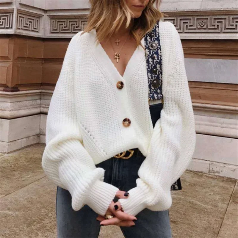 Women Casual V-Neck Buttoned Lantern Sleeve Sweater Welt Pockets Slit Pockets Flap Pockets Women Casual V-Neck Buttoned Lantern Sleeve Sweater Welt Pockets Slit Pockets Flap Pockets