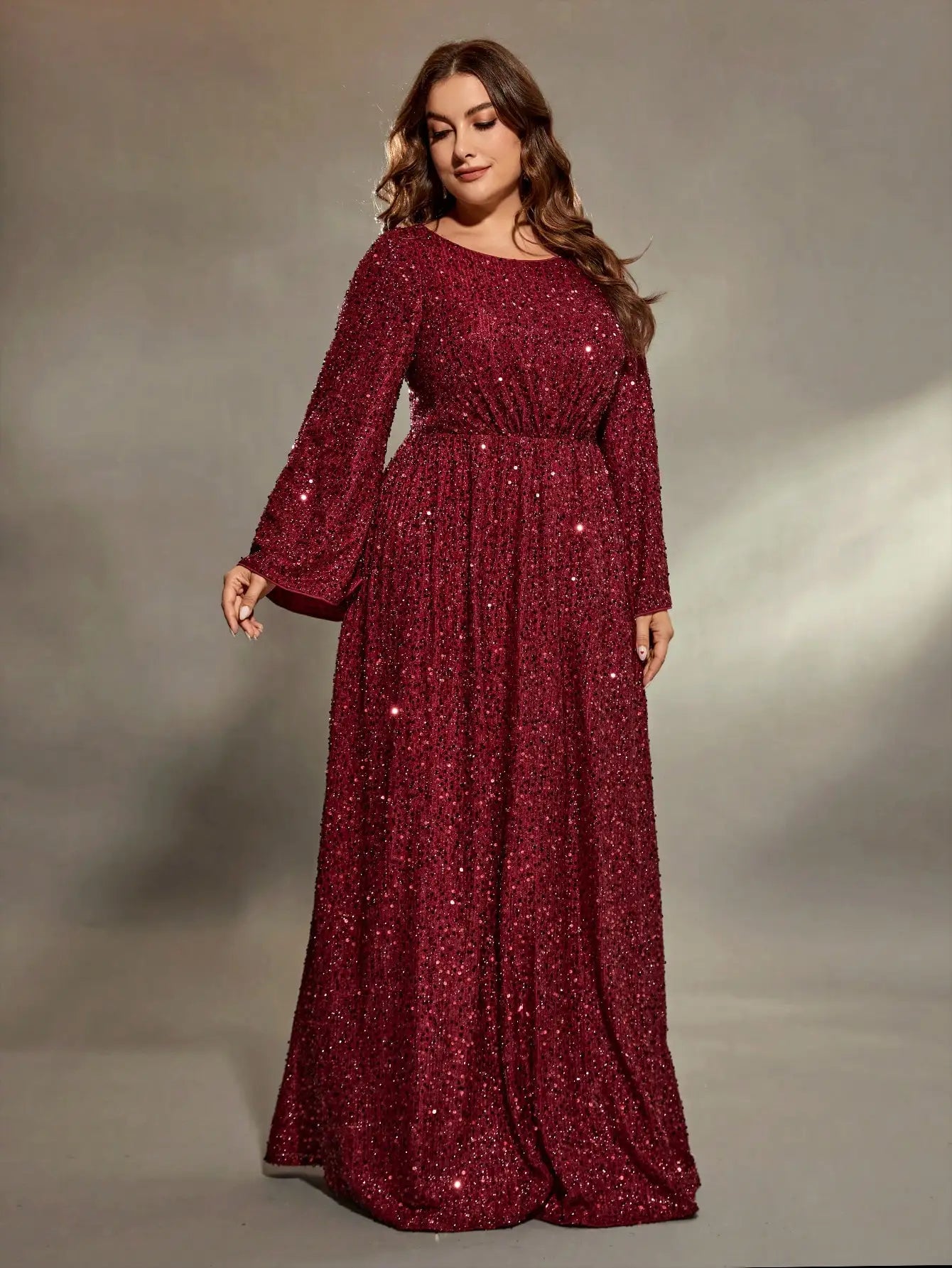 Mgiacy  plus size  Round neck flared sleeves bust pleated sequins A full skirt breathable skirt fabric