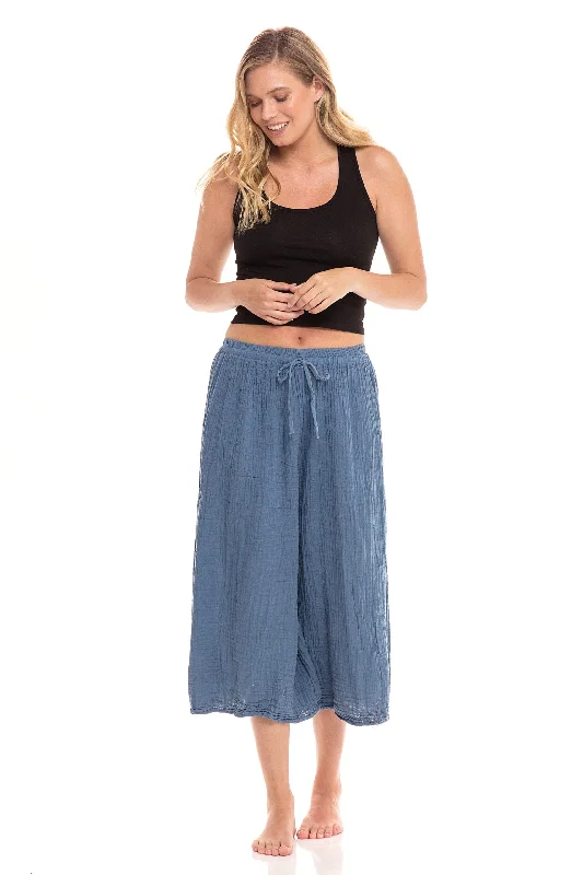 Thai Cotton Drawstring Flood Pants - Denim Elegant Trouser Pants