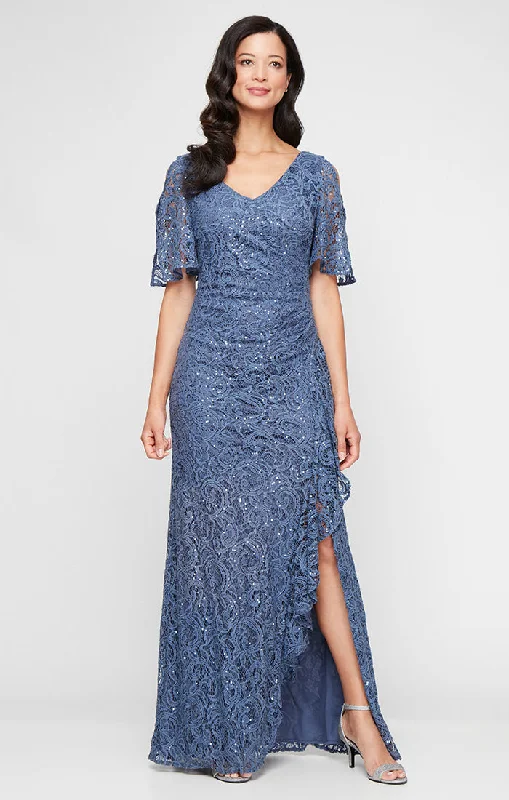 Long V-Neck Stretch Sequin Lace with Cold Shoulder Sleeves and Cascade Detail Skirt midi skirt versatile
