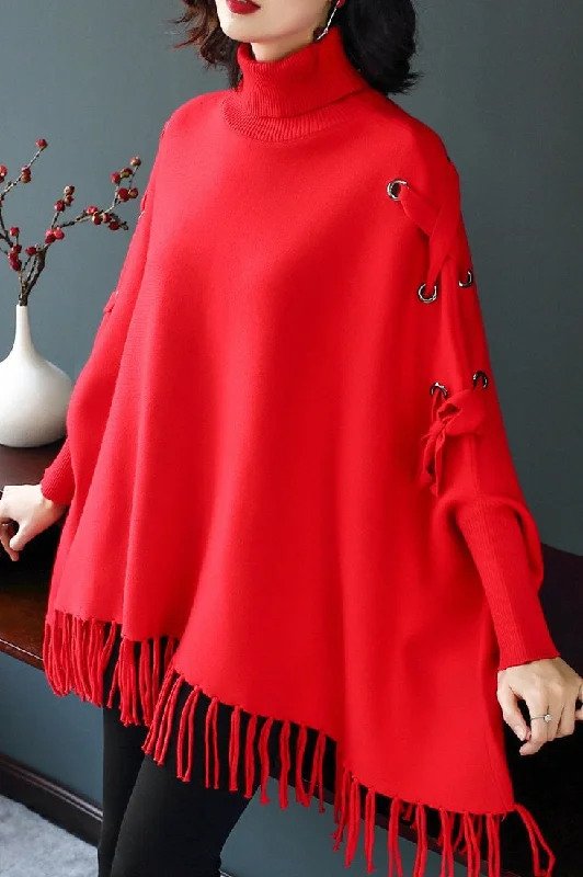 Dolman Sleeve Lace-Up Sweater Sweater Knitwear Pullover