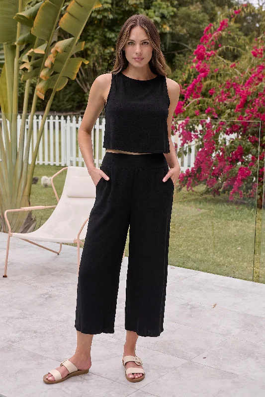 Ziara Black Faux Linen Pants Comfy Zip-Up Pants
