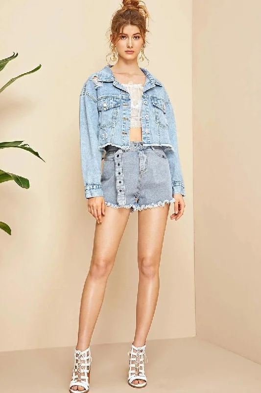 DISTRESSED SHORT DENIM JACKET WITH POCKETS Faux Fur Jacket Real Fur Jacket Shearling Jacket DISTRESSED SHORT DENIM JACKET WITH POCKETS Faux Fur Jacket Real Fur Jacket Shearling Jacket