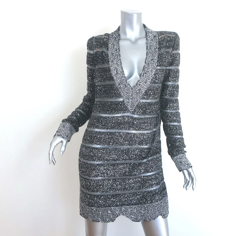 Balmain Sequined Striped Distressed Knit Mini Sweater Dress Black/Silver Size 36 Striped Floral Plaid Balmain Sequined Striped Distressed Knit Mini Sweater Dress Black/Silver Size 36 Striped Floral Plaid