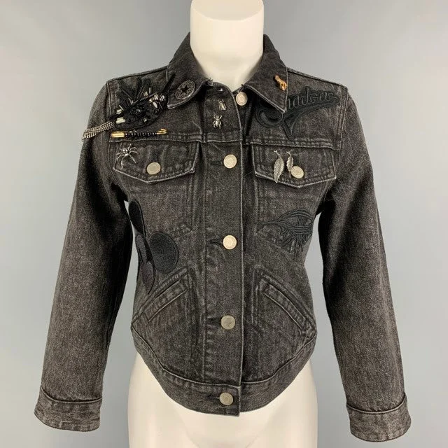 MARC JACOBS Size M Black Washed Denim Pins Cropped Jacket Collared Jacket Crew Neck Jacket Turtle Neck Jacket MARC JACOBS Size M Black Washed Denim Pins Cropped Jacket Collared Jacket Crew Neck Jacket Turtle Neck Jacket