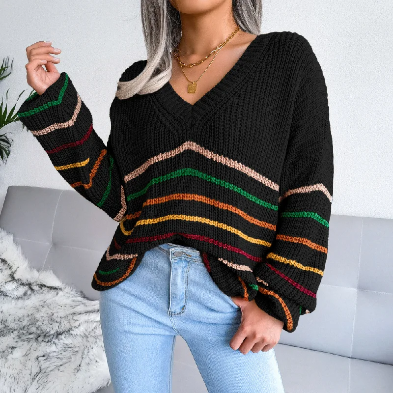 Women Casual Rainbow Stripe Loose V Neck Long Sleeve Knitted Sweater Mesh Blend Leather Blend Suede Blend Women Casual Rainbow Stripe Loose V Neck Long Sleeve Knitted Sweater Mesh Blend Leather Blend Suede Blend