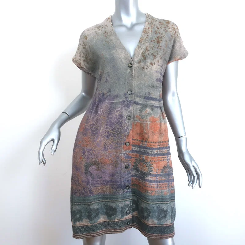 Etro Sweater Dress Purple/Gray Printed Knit Size 44 Short Sleeve Button Front Mesh Blend Leather Blend Suede Blend