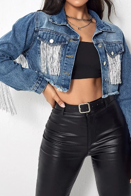 TASSEL DETAILED CROP DENIM JACKET Herringbone Jacket Checkered Jacket Solid Jacket