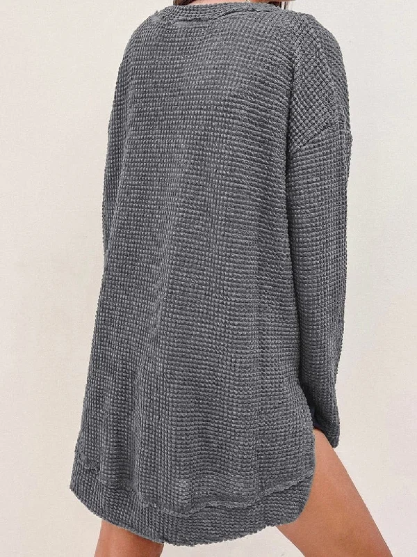 Textured Waffle Knit Sweater Solid Print Embellished