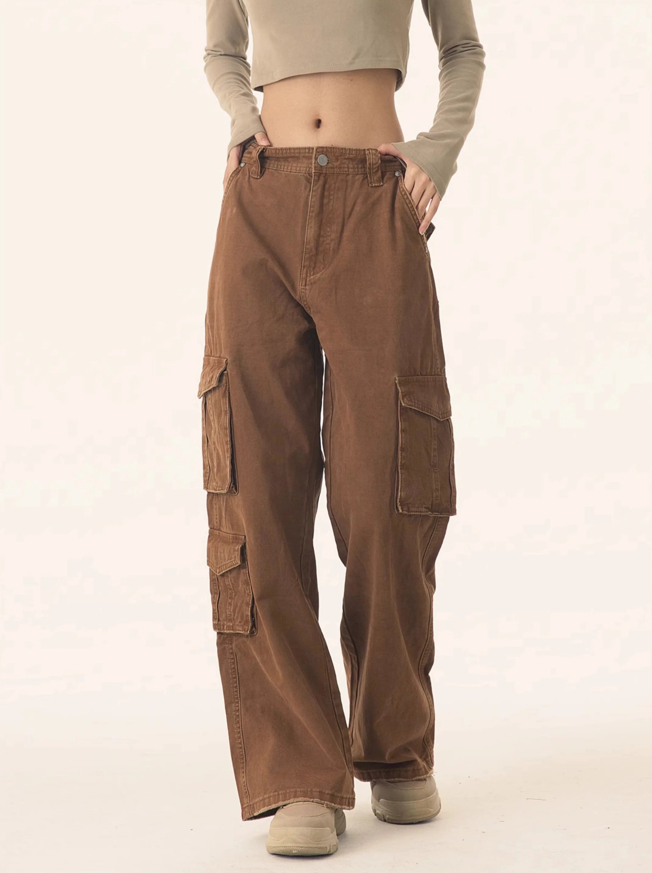 Straight Leg Cargo Pants with Multiple Side Pockets Formal Wide-Leg Pants