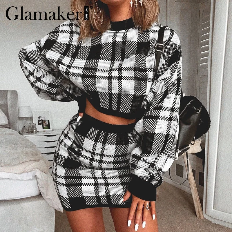 Glamaker Plaid knitted two-piece suit sexy autumn Dress women elegant winter sweater dress Sexy female fashion party short dress Striped Floral Plaid