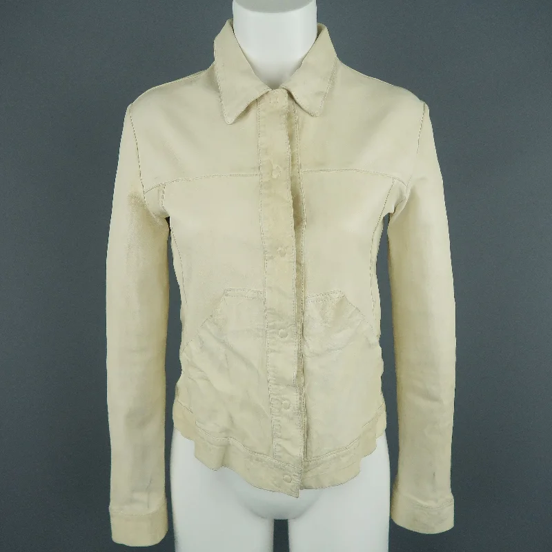 GIORGIO BRATO Size 4 Distressed Cream Leather Collared Jacket Tailored Jacket Straight Jacket A-Line Jacket GIORGIO BRATO Size 4 Distressed Cream Leather Collared Jacket Tailored Jacket Straight Jacket A-Line Jacket