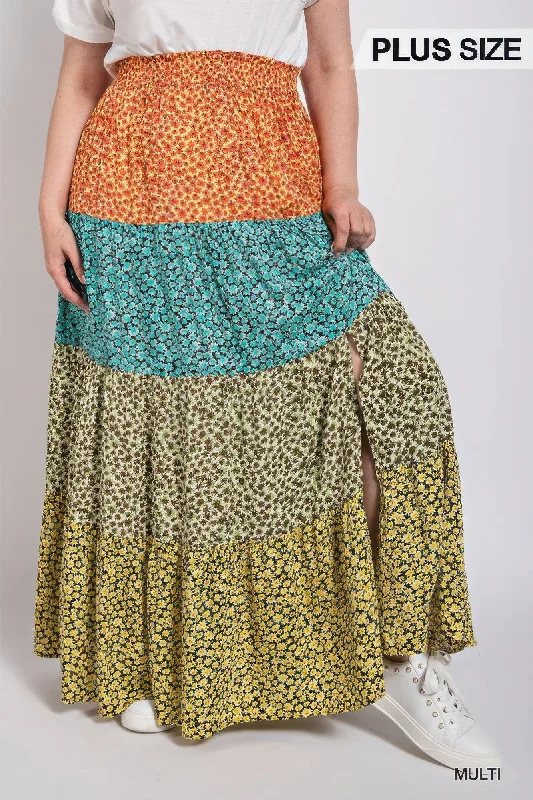 Ditsy floral color block skirt with front slit elastic waist skirt