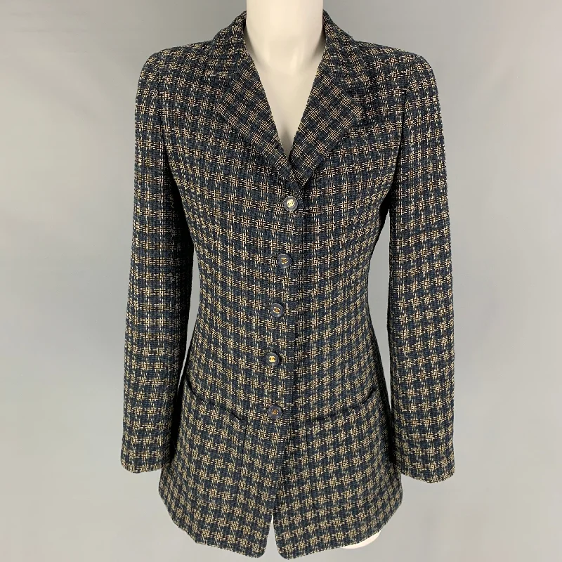 Vintage CHANEL Size 6 Navy Cream Wool Blend Checkered Jacket A-Line Jacket Boat Neck Shawl Collar Vintage CHANEL Size 6 Navy Cream Wool Blend Checkered Jacket A-Line Jacket Boat Neck Shawl Collar