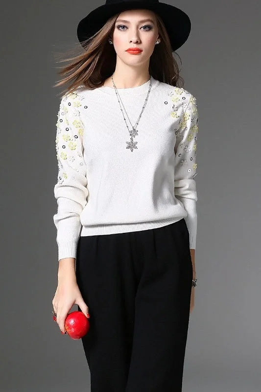 White Sweater W/ 3D Flowers Terry Blend Velvet Blend Canvas Blend