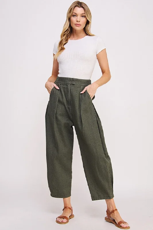 Jade by Jane High Waist Pleated Baggy Ankle Length Pants in Olive Green Relaxed Fit Trousers