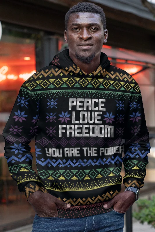 Peace Love Freedom Rainbow Ugly Holiday Sweater Hoodie Ribbed Striped Patterned