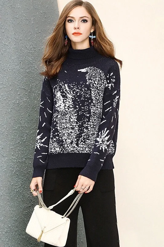 Navy Sweater W/ Snowflake Detail Chenille Blend Fleece Blend Nylon Blend