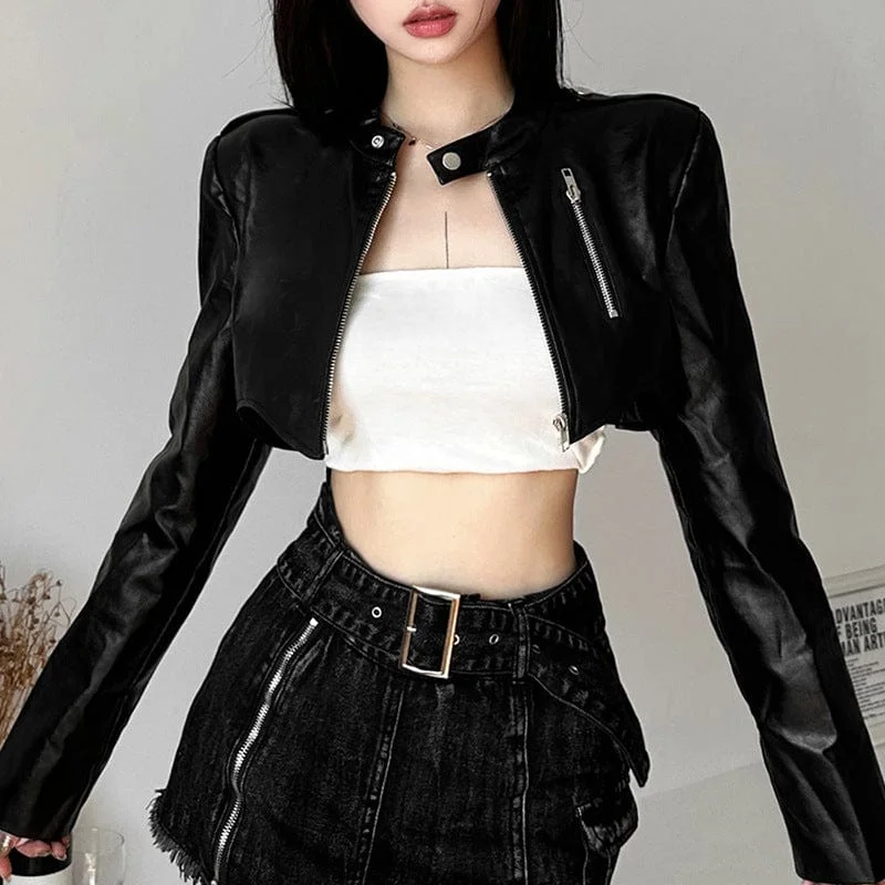 Women's Punk Buckle Faux Leather Short Jacket Welt Pockets Slit Pockets Flap Pockets Women's Punk Buckle Faux Leather Short Jacket Welt Pockets Slit Pockets Flap Pockets