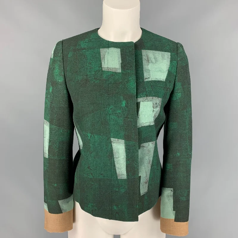 AKRIS Size 4 Green & Light Blue Wool Color Block Jacket Notch Collar Peter Pan Collar Cowl Neck AKRIS Size 4 Green & Light Blue Wool Color Block Jacket Notch Collar Peter Pan Collar Cowl Neck
