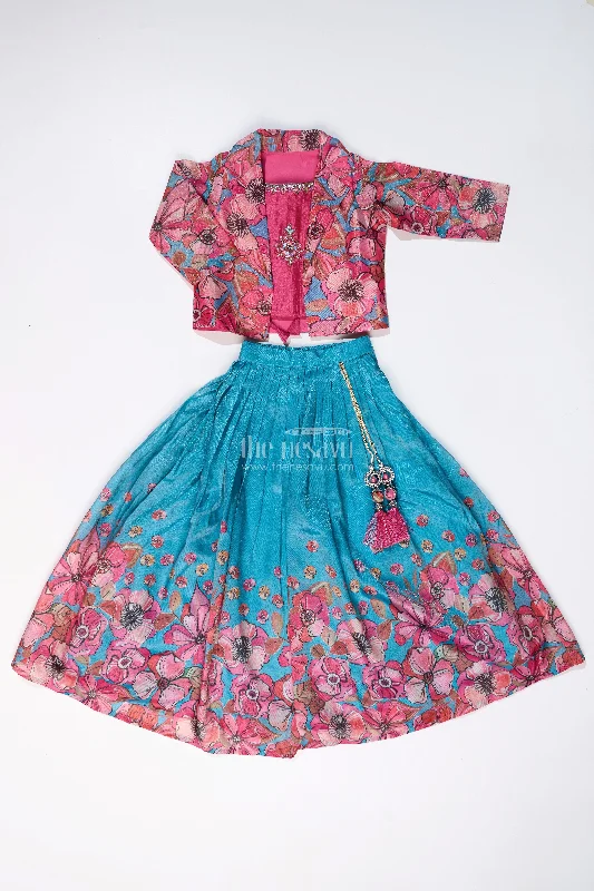 Girls Lehenga Choli Party Wear in Teal and Pink with Digital Floral Prints and Jacket Hoodie Zip-Up Jacket Button-Up Jacket Girls Lehenga Choli Party Wear in Teal and Pink with Digital Floral Prints and Jacket Hoodie Zip-Up Jacket Button-Up Jacket