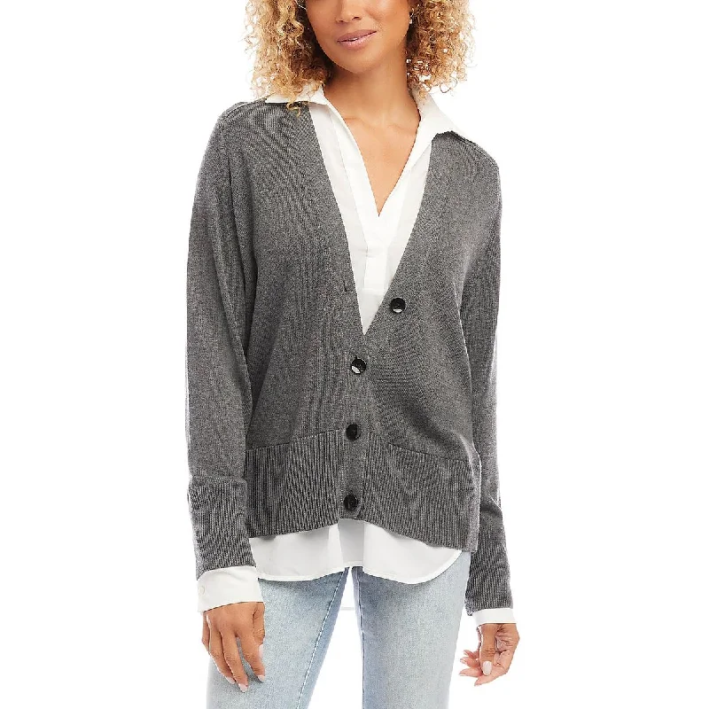 Karen Kane Womens Layered Sweater Layered  Button-Up Cashmere Blend Cotton Blend Poly Blend