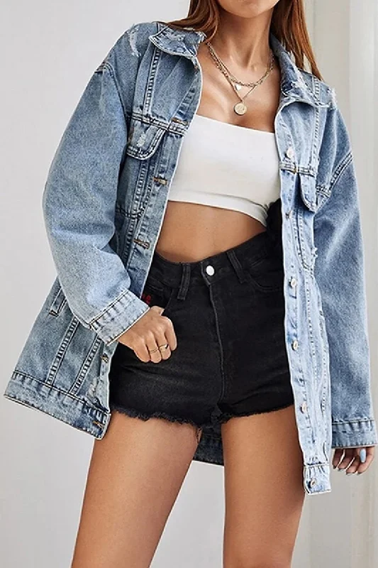 LOOSE FIT LONG SLEEVE DENIM JACKET WITH POCKETS Trench Coat Raincoat Waterproof Jacket