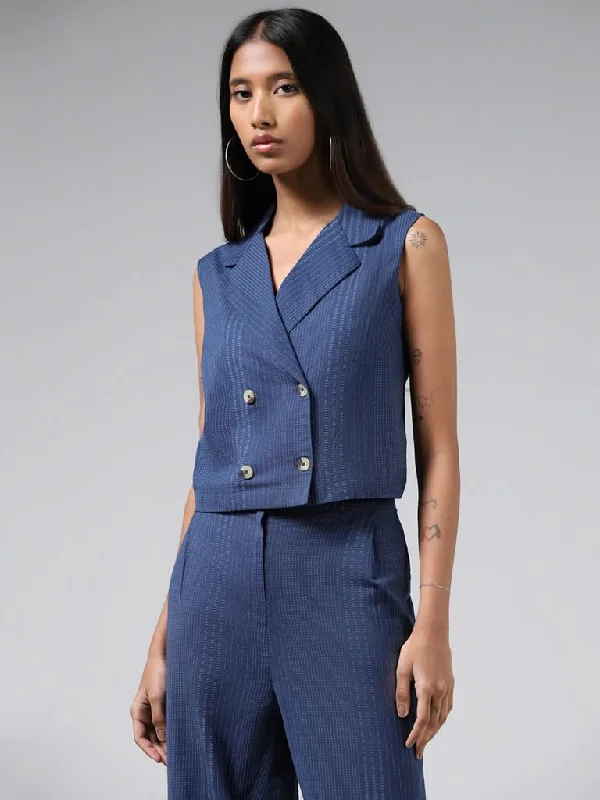Bombay Paisley Blue Striped Double-Breasted Blended Linen Crop Jacket Zip Front Button Front Snap Front Bombay Paisley Blue Striped Double-Breasted Blended Linen Crop Jacket Zip Front Button Front Snap Front