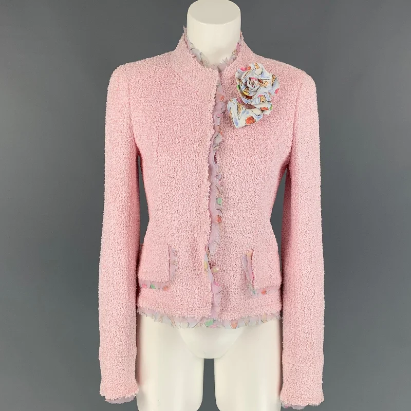 CHANEL 2004 Size 6 Pink Boucle Polyamide Bend Jacket Rayon Fabric Velvet Fabric Corduroy Fabric CHANEL 2004 Size 6 Pink Boucle Polyamide Bend Jacket Rayon Fabric Velvet Fabric Corduroy Fabric
