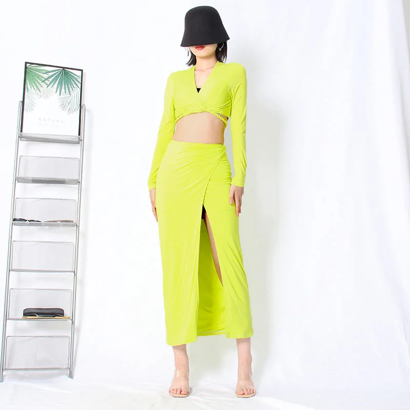 Sexy V Neck Long Sleeves Top and Split Front Skirt Sets low waist skirt