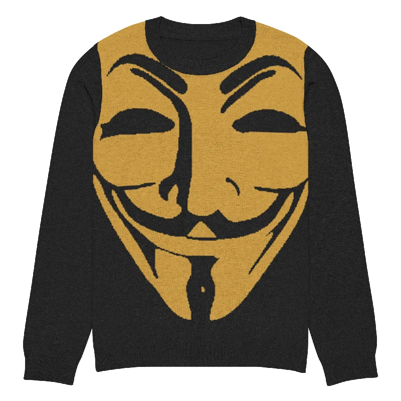 Guy Fawkes Knitted crew neck sweater Front Pockets Side Pockets Patch Pockets