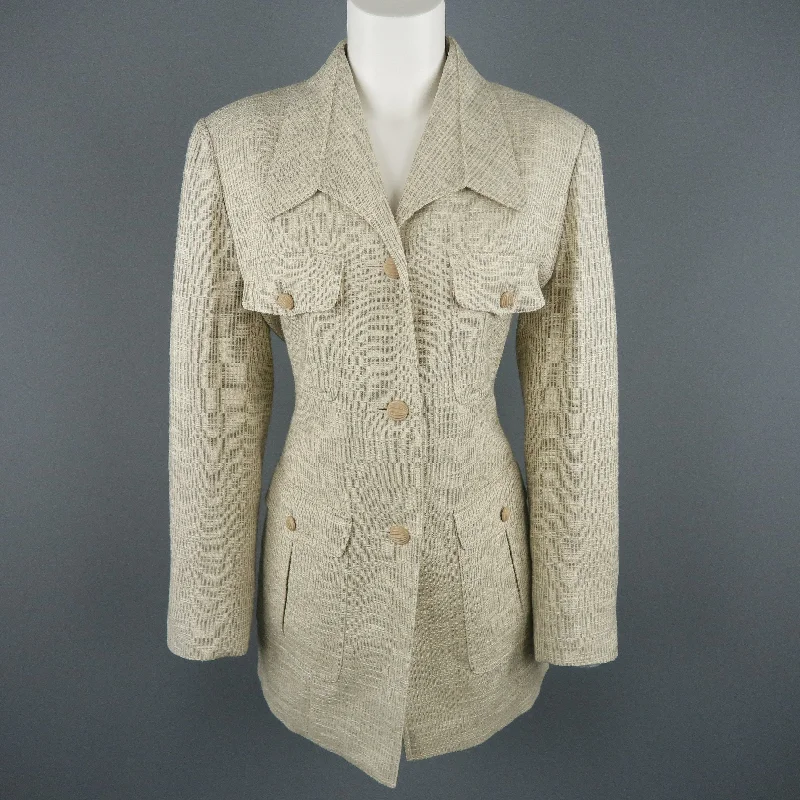 LANVIN Size 8 Beige Textured Military Pocket Jacket Chenille Jacket Brocade Jacket Lace Jacket LANVIN Size 8 Beige Textured Military Pocket Jacket Chenille Jacket Brocade Jacket Lace Jacket