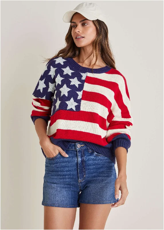 Stars And Stripes Sweater - Racing Red Multi High Neck Crew Neck V-Neck