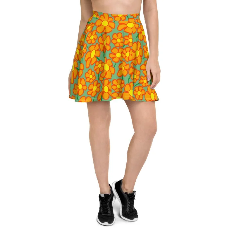 Orangeflower Pattern on Green - AOP Skater Skirt wool skirt sturdy