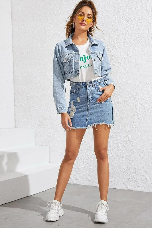 DISTRESSED CROP DENIM JACKET WITH POCKETS Cardigan Sweater Pullover