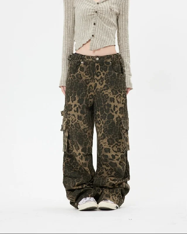 Double Sided Belt Leopard Print Wide Leg Cargo Pants Soft Stretch Leggings