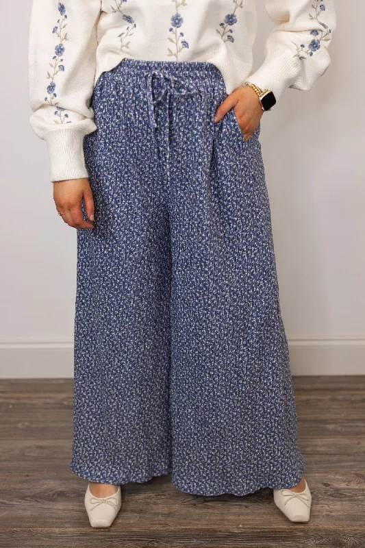 Pleated Velvet Blue Floral Pants Casual Yoga Pants