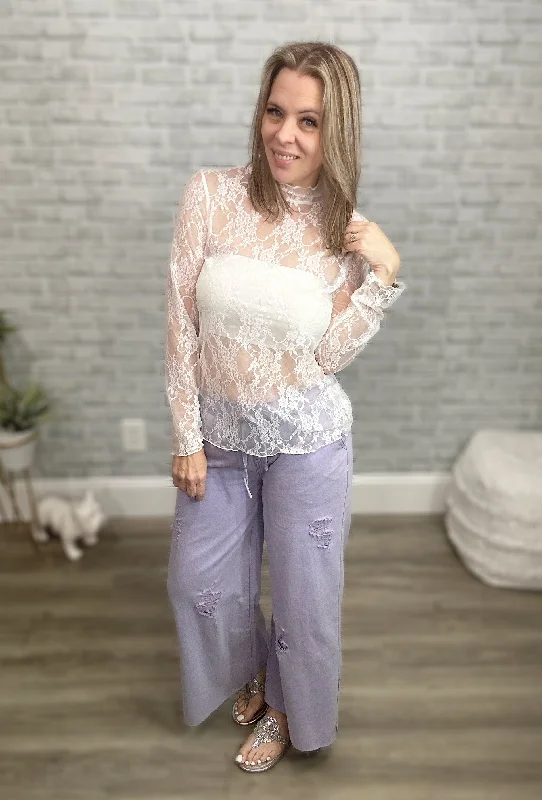 POL Lavender Wide Leg Denim Pants with Elastic Waist & Drawstring Fashionable Jogger Pants