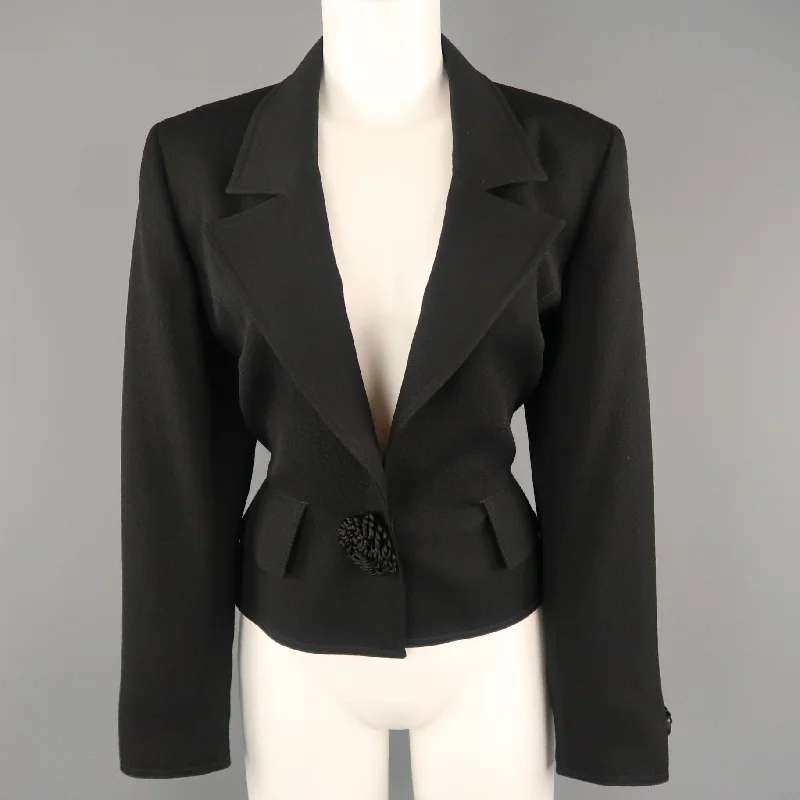 VALENTINO Size 12 Black Wool Jacket Cropped Applique Blazer Jacket Nylon Jacket Polyester Jacket Spandex Jacket