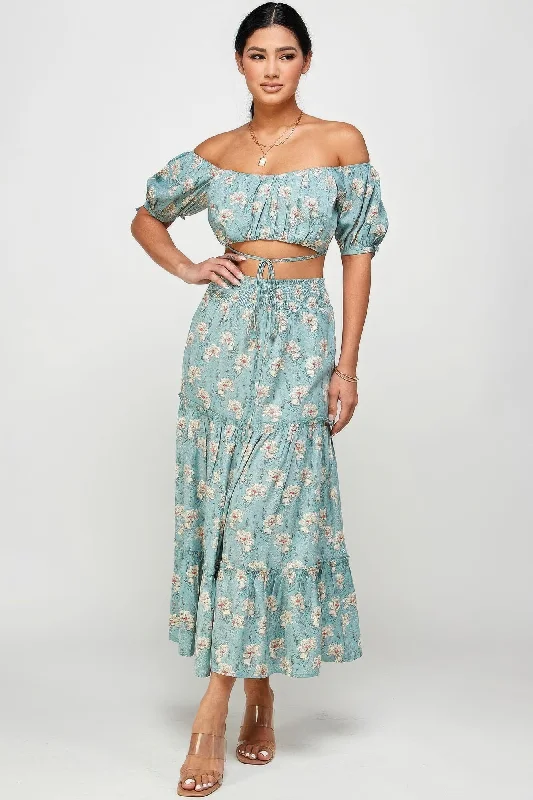 Floral Off Shoulder Sleeve Back Tie Top Skirt Outfit Set wool skirt warm