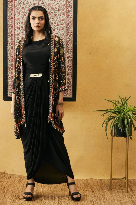 Black Zahra Solid Drape Dress With Jacket Satin Fabric Silk Fabric Chiffon Fabric